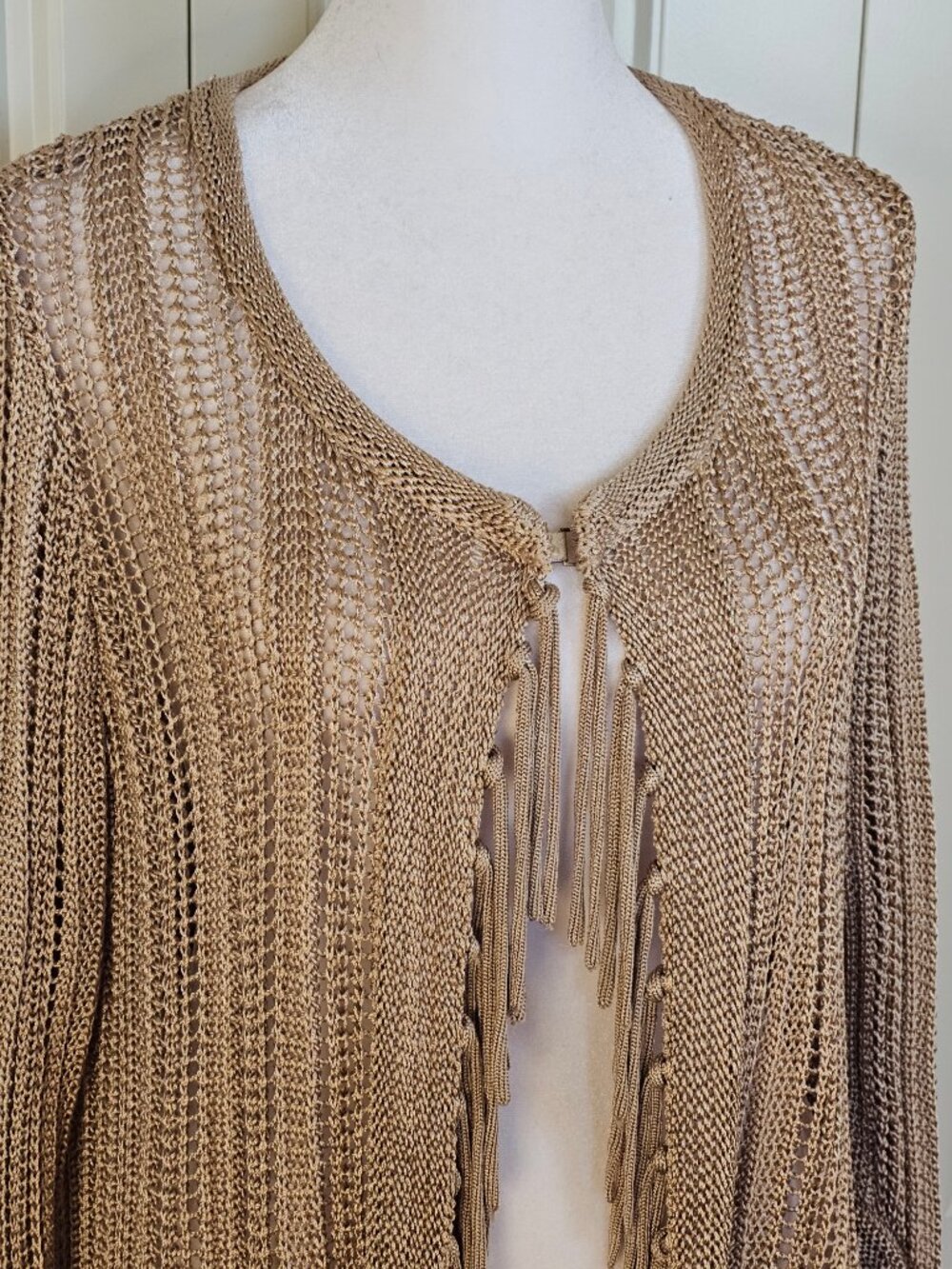 Fringe Open Knit Cardigan Chico's 1 Taupe Boho Lagenlook Fitted Sleeve Drape - Picture 3 of 11